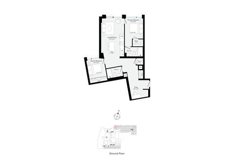 Floor plan for 2 beds, 2 baths, 923 sqft
